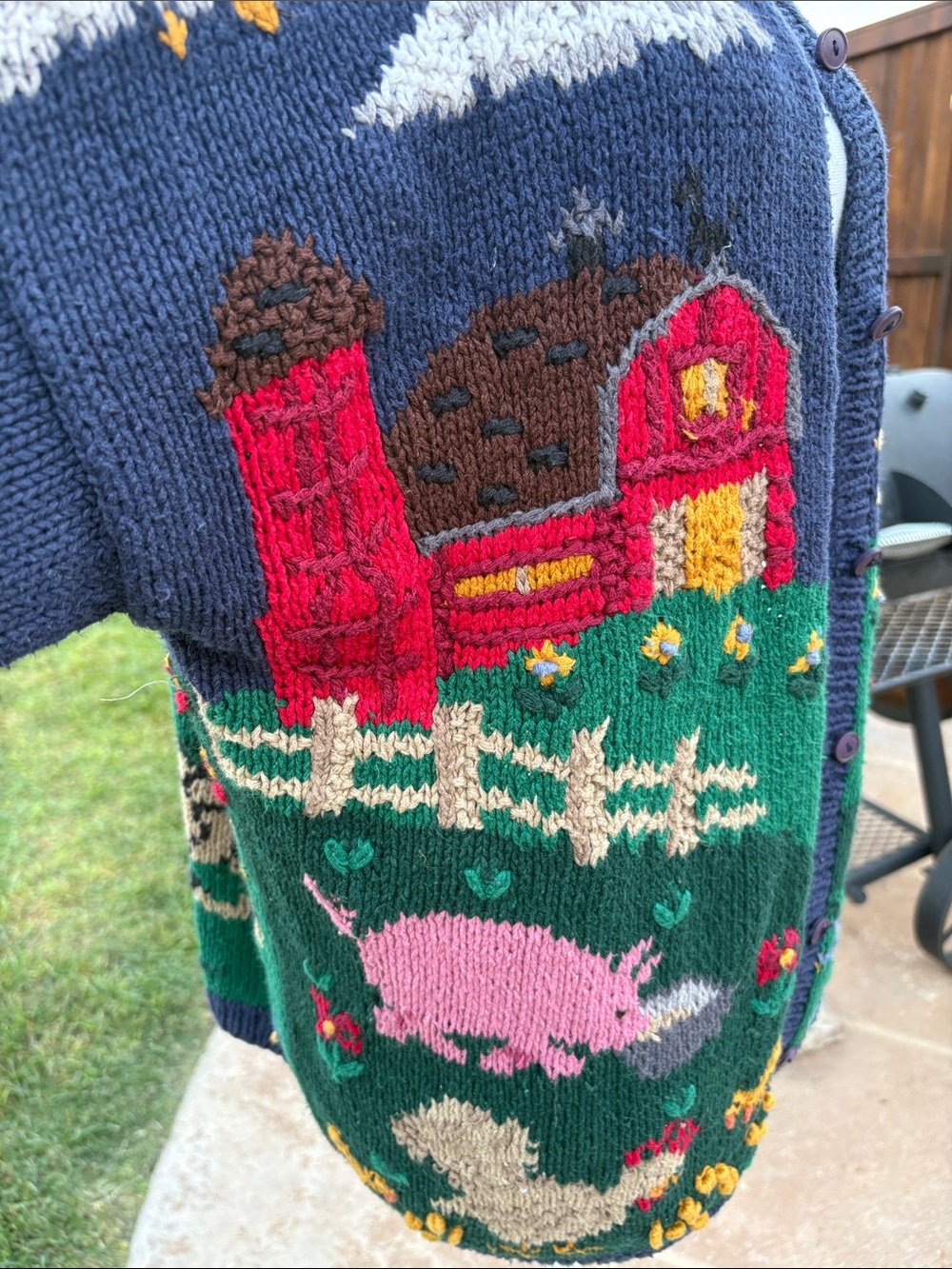 Navy Farm Scene Knit Cardigan Sweater - Women - Picture 3 of 8